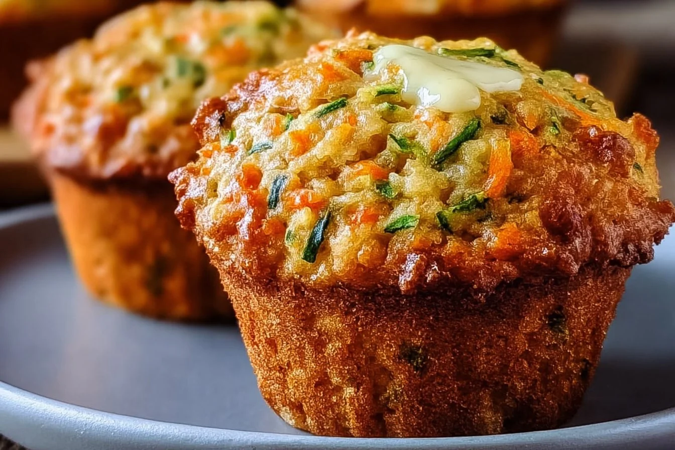 Freshly baked carrot zucchini muffins on a rustic wooden table