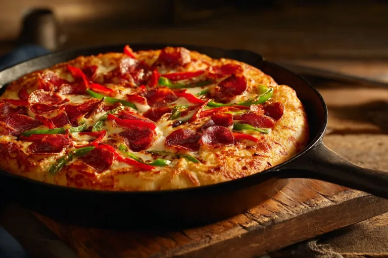 Delicious cast iron skillet pizza topped with fresh ingredients
