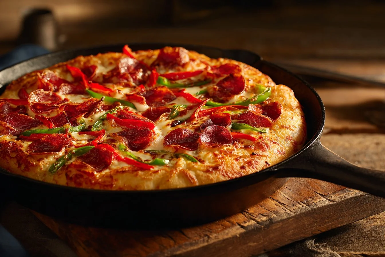 Delicious cast iron skillet pizza topped with fresh ingredients