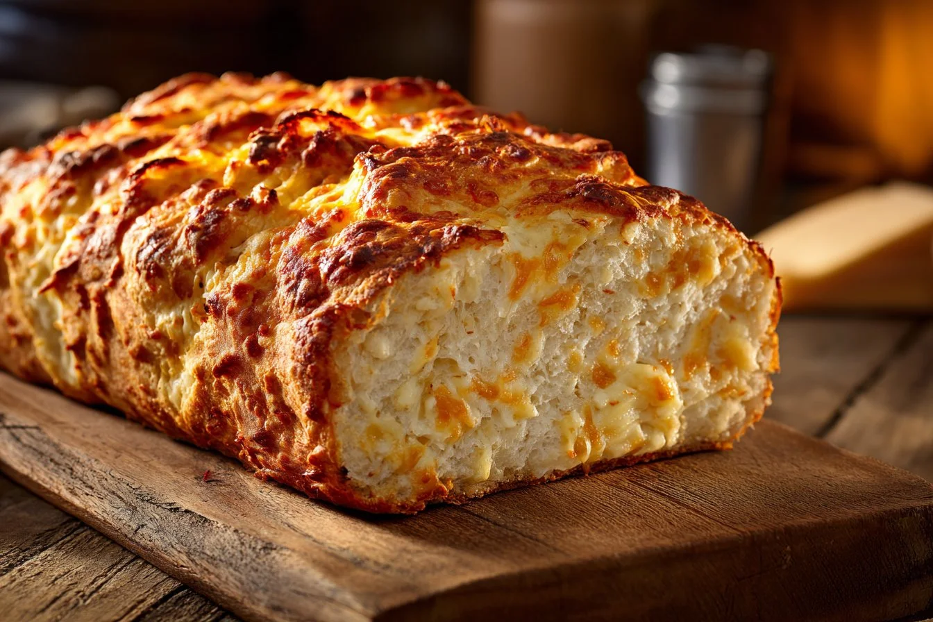 Freshly baked cheese bread loaf with melted cheese and herbs