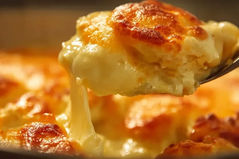 Baked cheesy scalloped potatoes topped with golden cheese