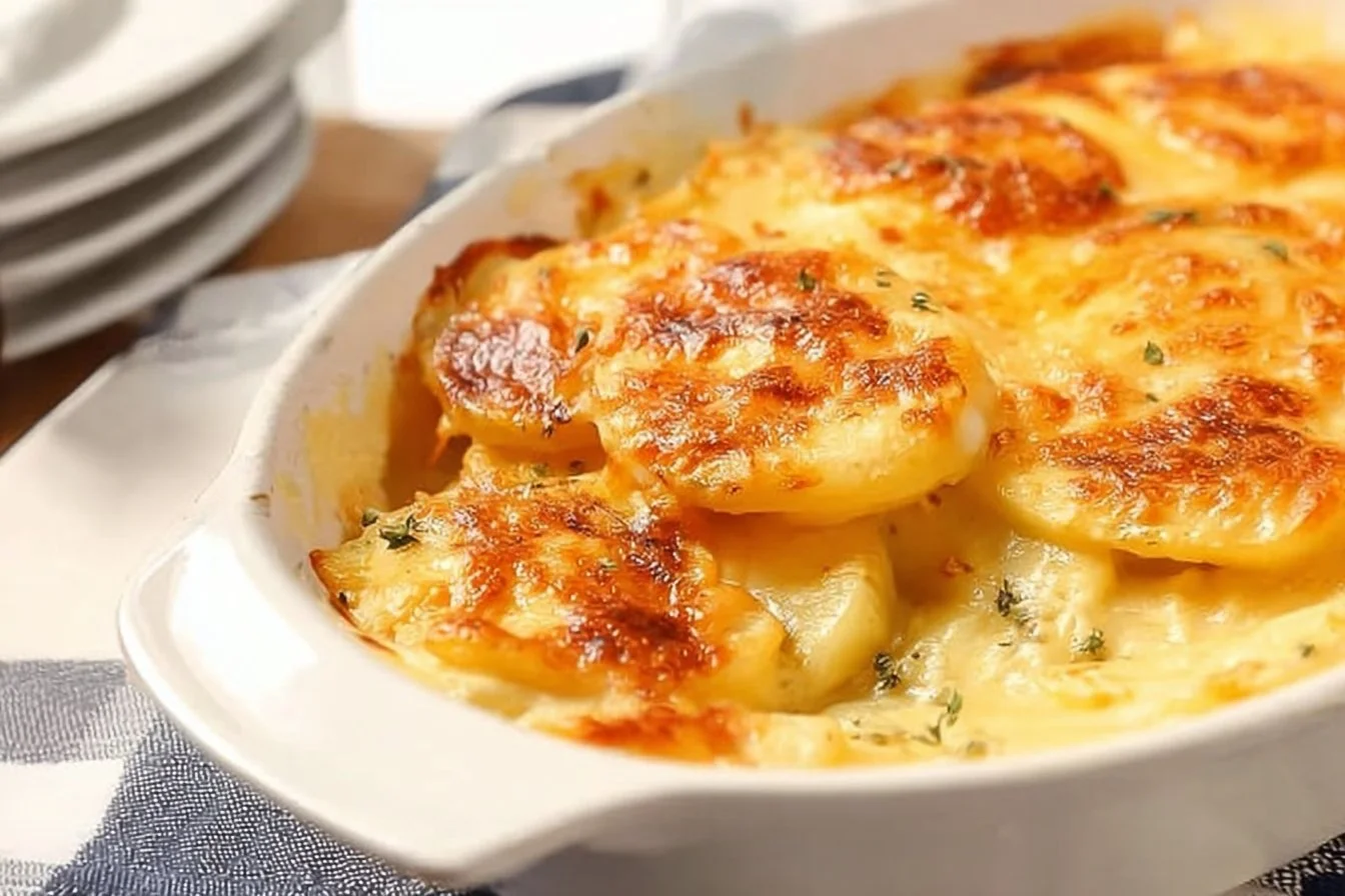Delicious cheesy scalloped potatoes baked to perfection