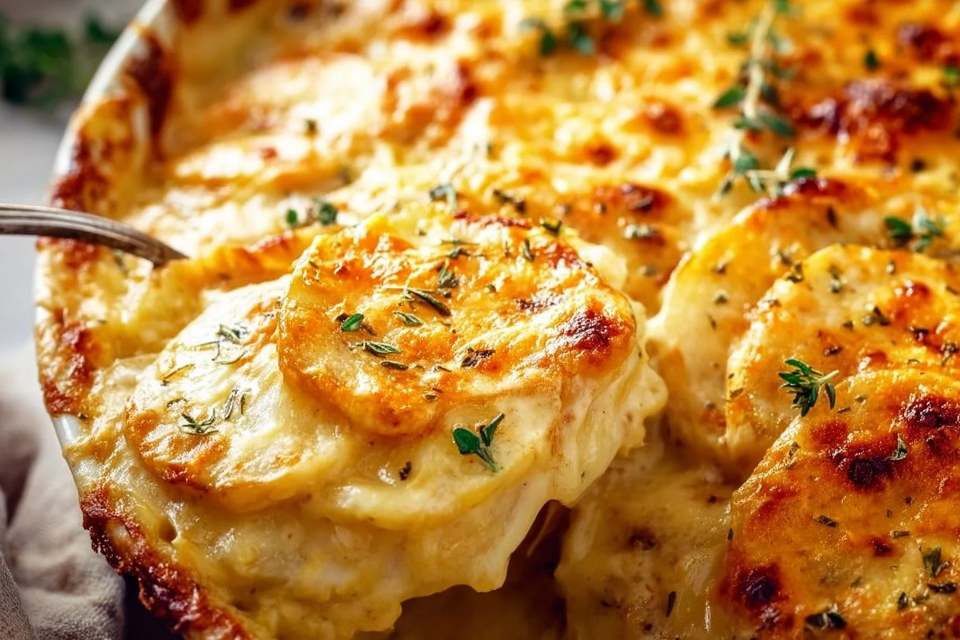 Delicious cheesy scalloped potatoes baked to perfection with a golden crust