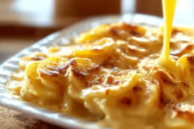 Delicious cheesy scalloped potatoes served in a dish