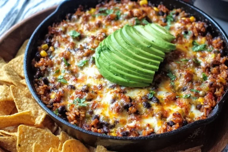 Cheesy Taco Rice Skillet with colorful toppings in a skillet dish