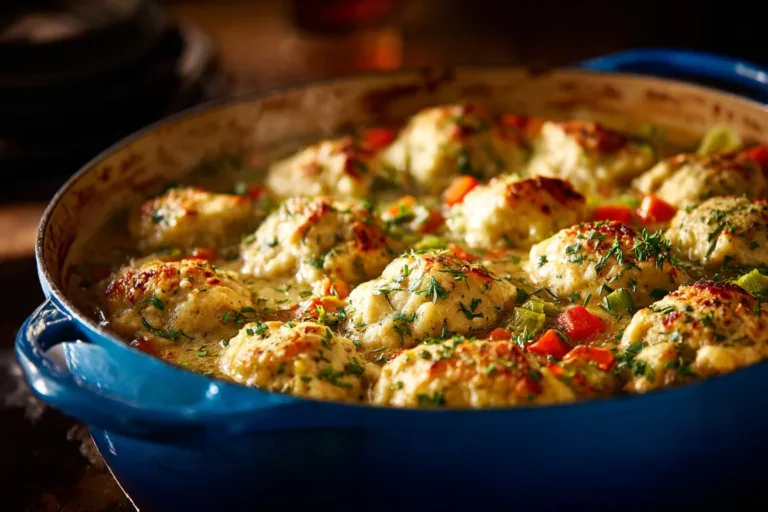 Delicious bowl of Chicken and Dumplings garnished with herbs
