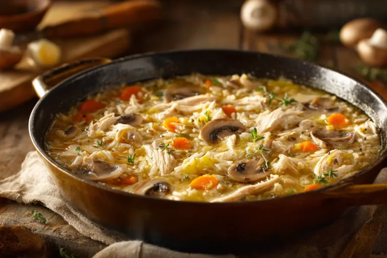 Delicious Chicken Mushroom Soup in a bowl with herbs and spices on top.