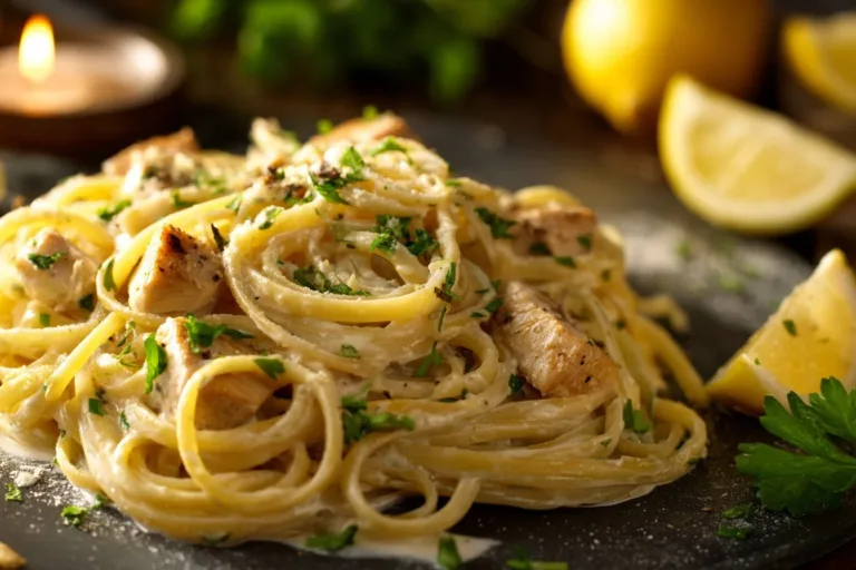 Delicious bowl of Chicken Caesar Pasta topped with parmesan cheese and lettuce.
