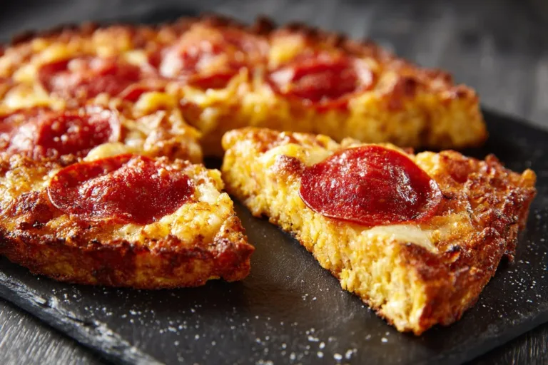 Delicious Chicken Crust Pizza Pepperoni served on a wooden board