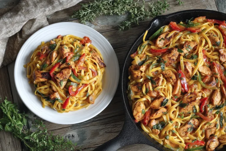 Delicious Chicken Fajita Pasta served in a bowl with colorful bell peppers.