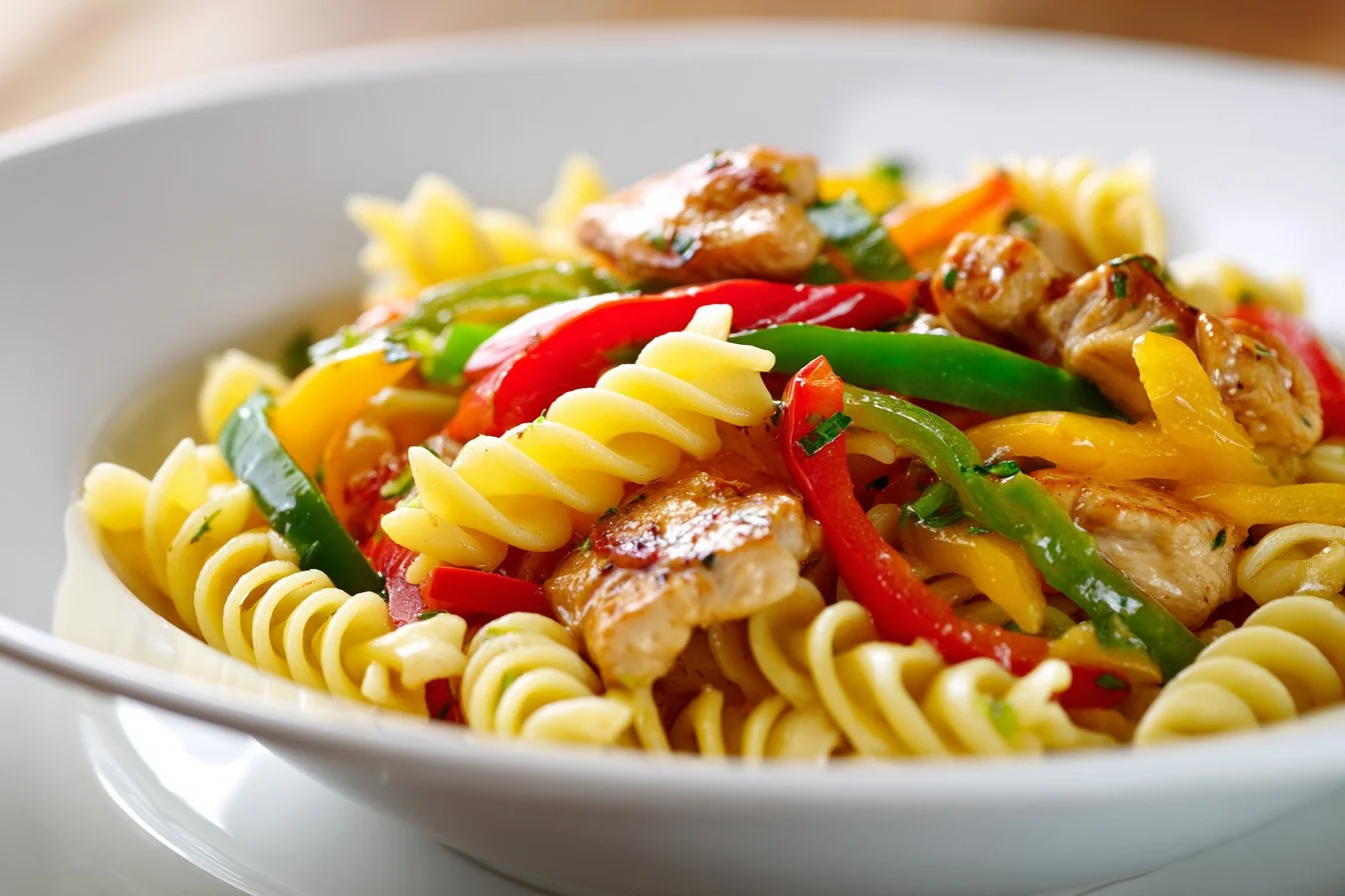 Delicious Chicken Fajita Pasta garnished with peppers and cilantro
