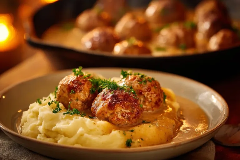 Homemade chicken meatballs served with sauce and herbs