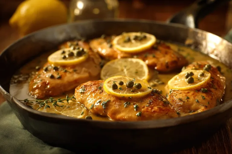 Plate of Chicken Piccata garnished with lemon slices and capers