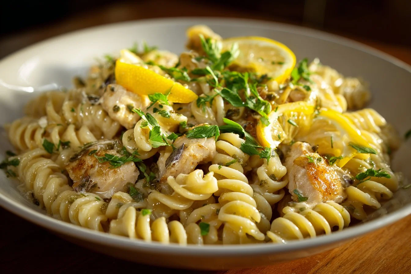Delicious Chicken Piccata Pasta with lemon sauce and fresh herbs