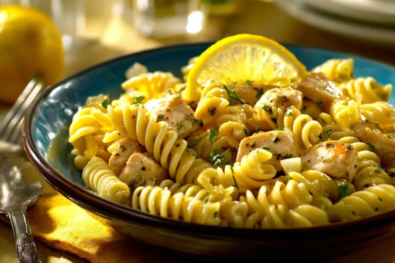 Creamy Chicken Piccata Pasta with lemon and capers garnished with parsley