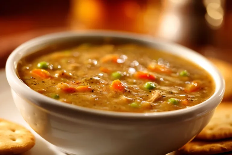 Bowl of creamy Chicken Pot Pie Soup with vegetables and biscuits