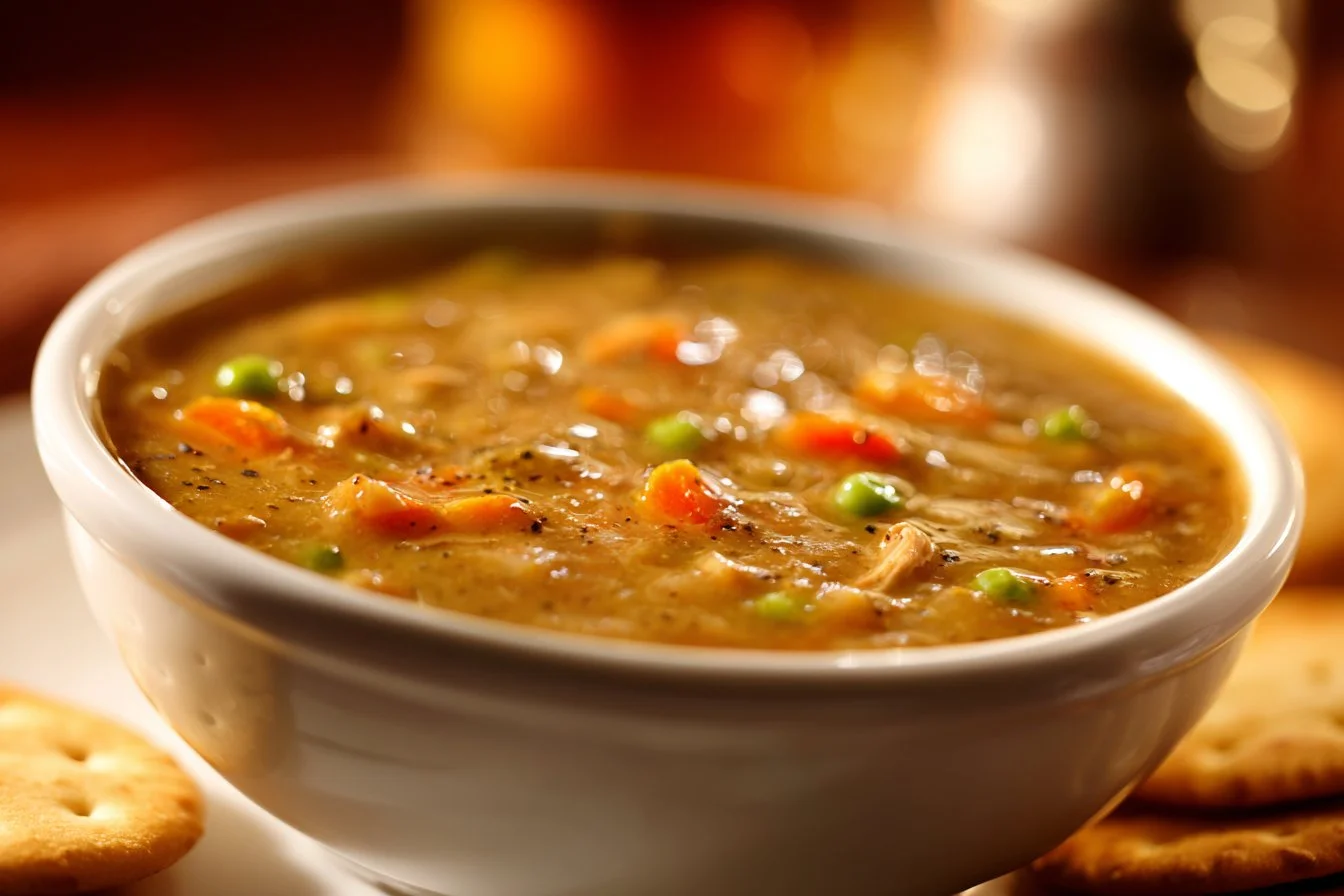 Bowl of creamy Chicken Pot Pie Soup with vegetables and biscuits