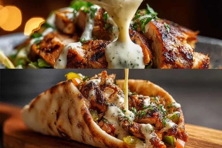 Plate of delicious chicken shawarma topped with garlic sauce