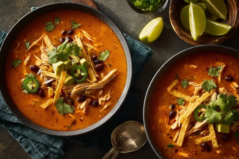 Bowl of delicious Chicken Tortilla Soup topped with crispy tortilla strips and herbs