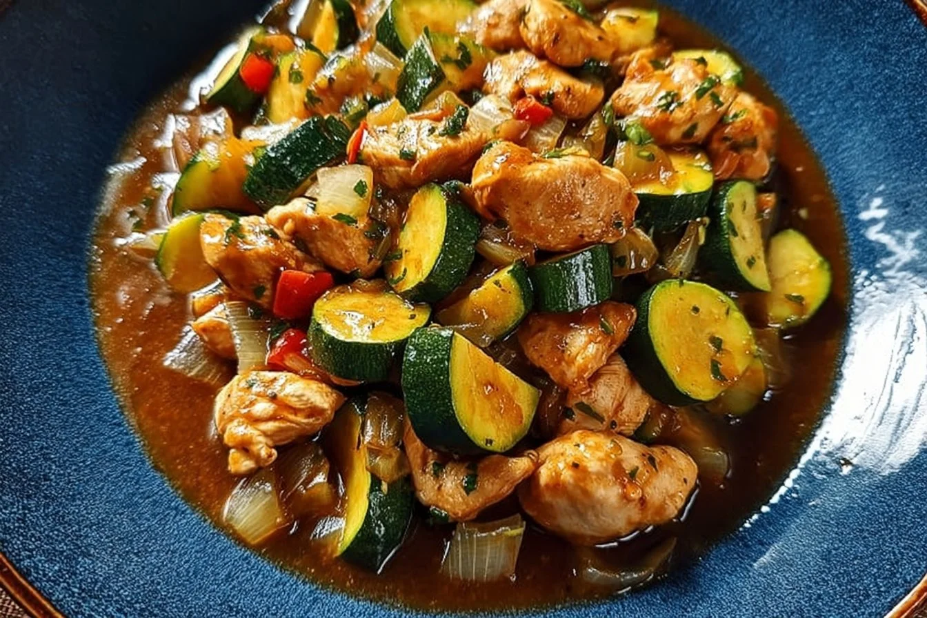 Delicious Chicken Zucchini Stir Fry served in a colorful bowl