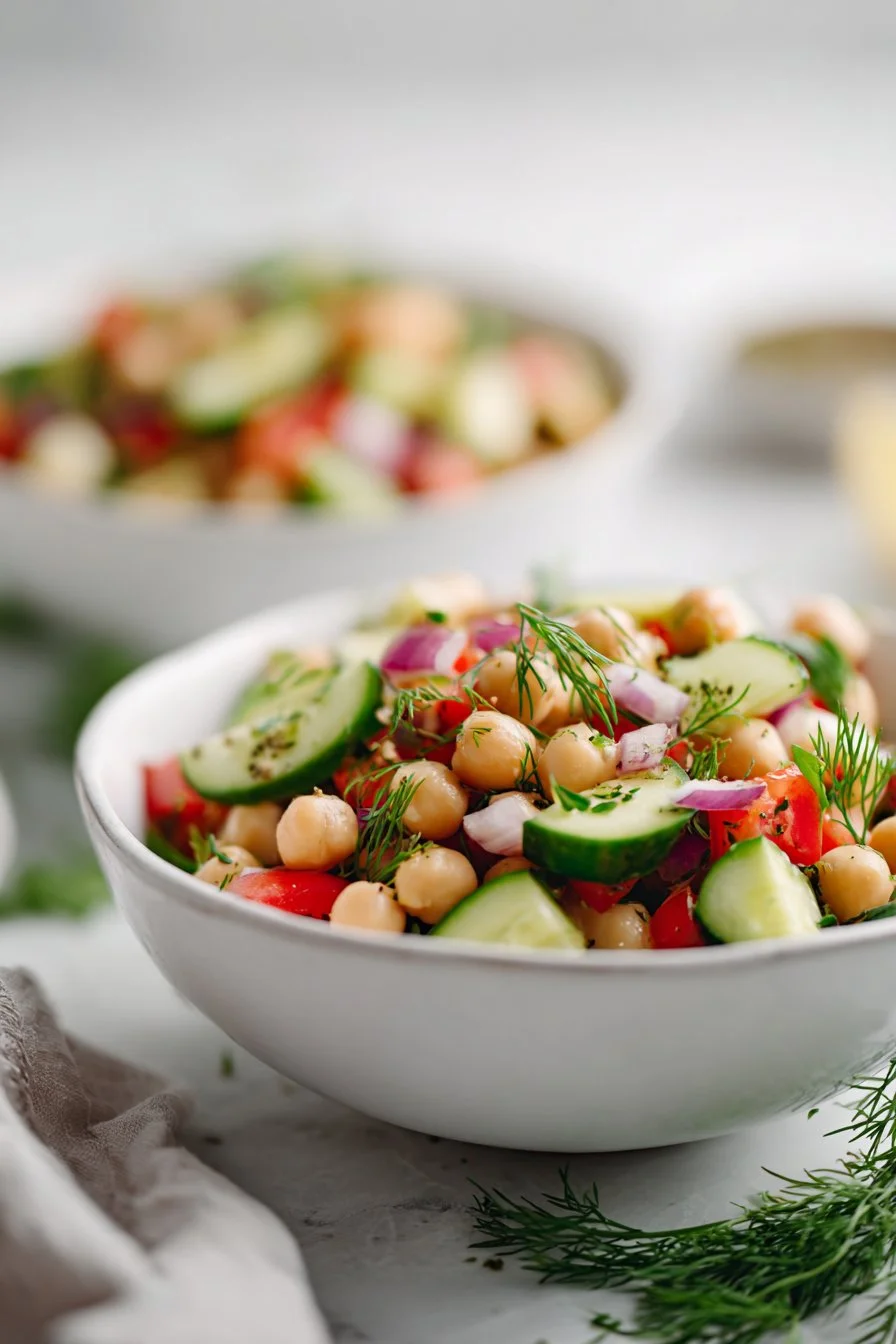 Colorful chickpea salad with fresh vegetables and dressing