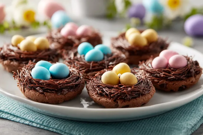 Delicious chocolate bird nests made with chocolate and candy eggs.