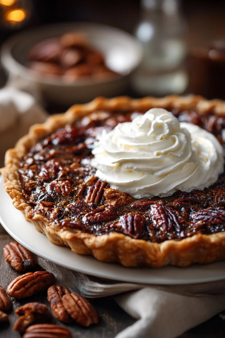 Delicious chocolate bourbon pecan pie slice on a plate