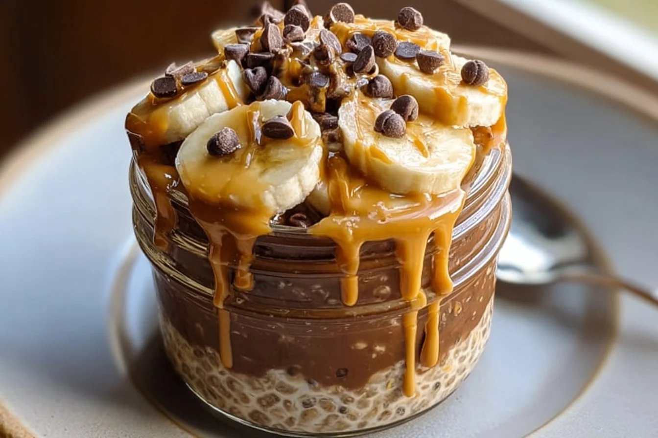 Bowl of chocolate peanut butter overnight oats topped with cacao and chocolate chips