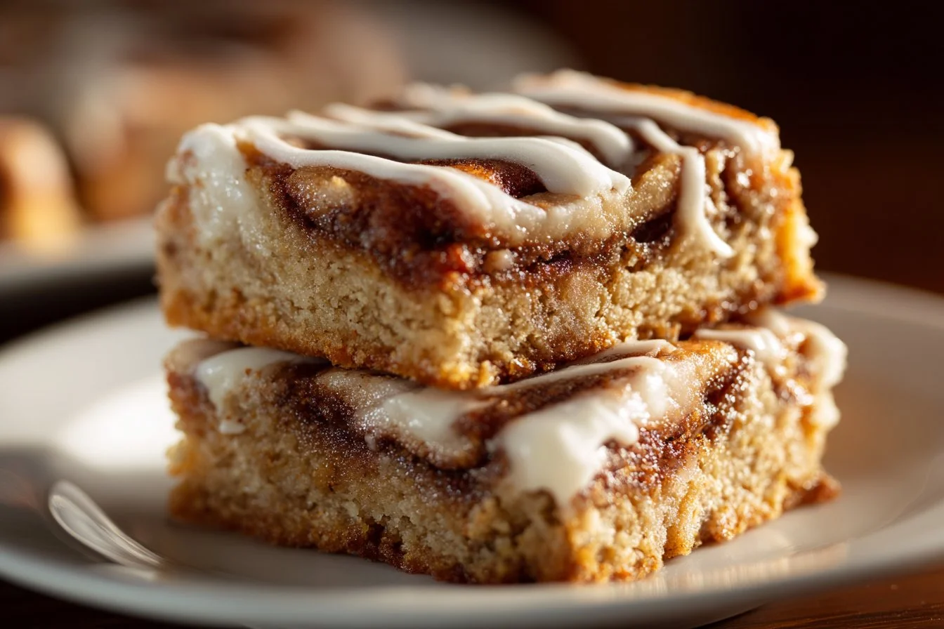 Delicious Cinnamon Roll Bliss Bars drizzled with icing on a wooden board