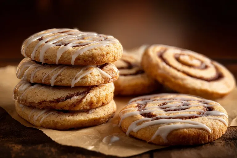 Freshly baked Cinnamon Roll Cookies with icing and cinnamon swirl
