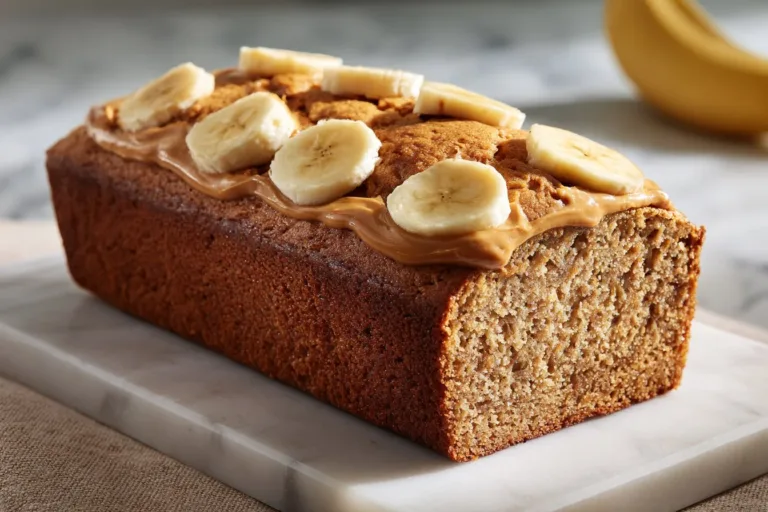 Slice of classic banana bread on a wooden table