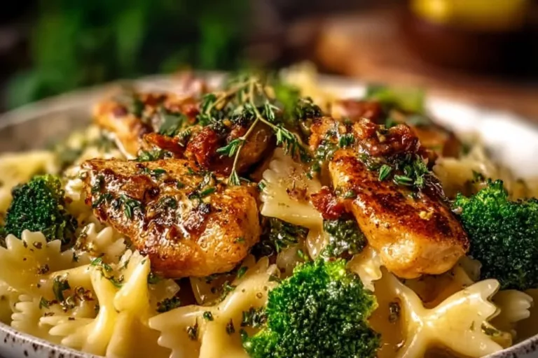 Cowboy Butter Lemon Bowtie Chicken with Broccoli dish ready to serve