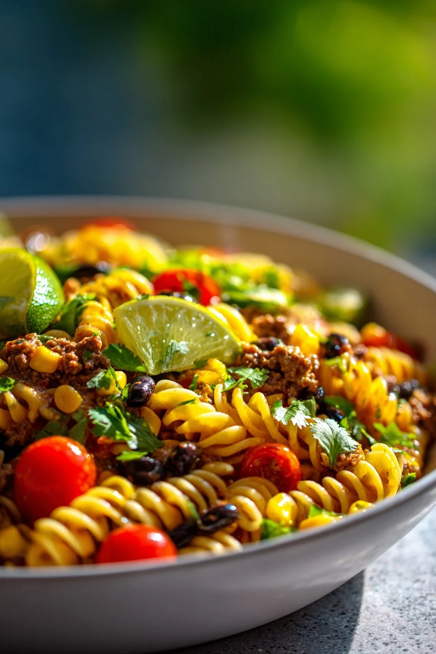 A colorful and hearty Cowboy Pasta Salad served in a bowl with fresh ingredients