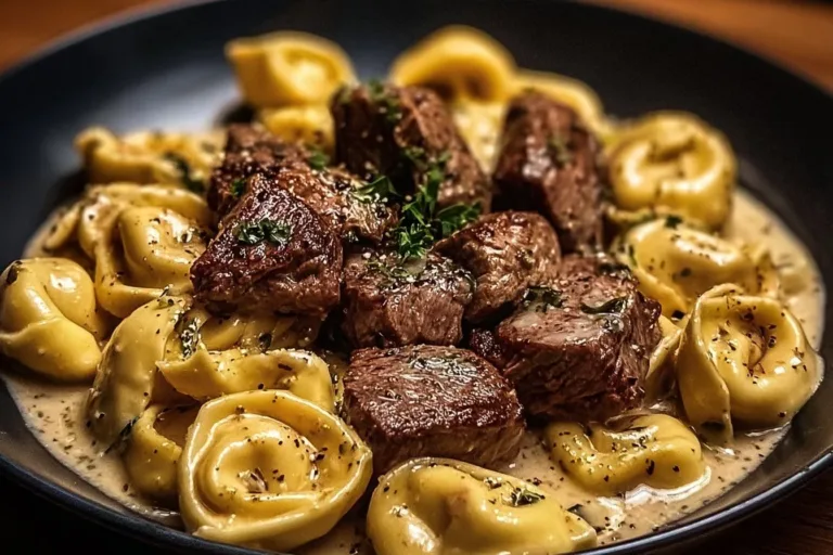 Delicious Garlic Steak Tortellini in creamy sauce garnished with herbs.