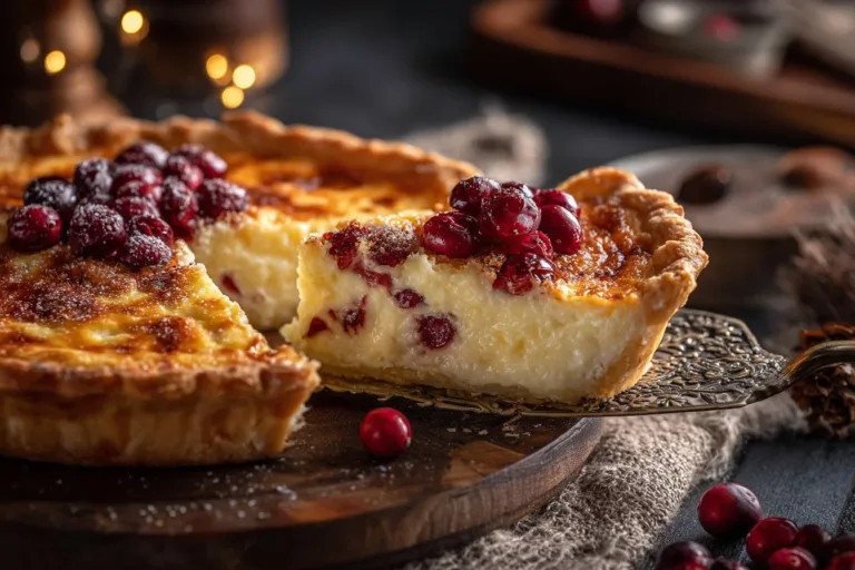 A delicious slice of cranberry custard pie topped with fresh cranberries.