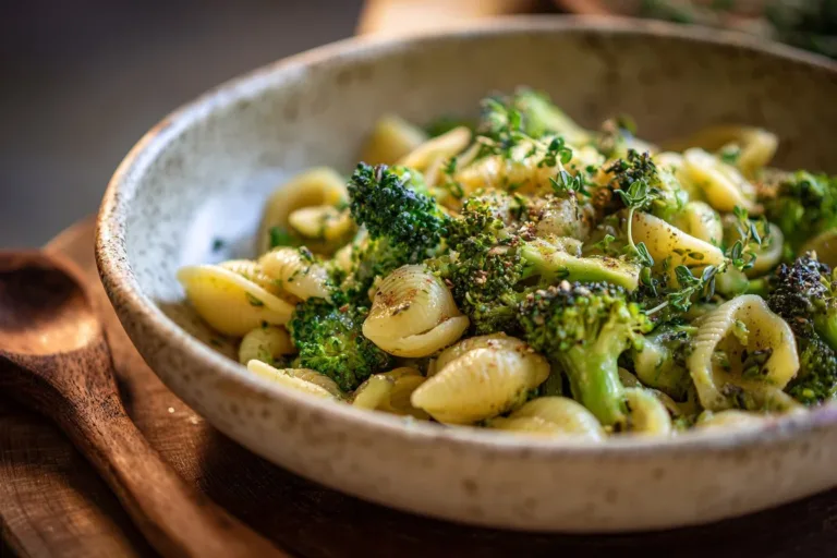 Creamy broccoli pasta dish served in a bowl with fresh herbs