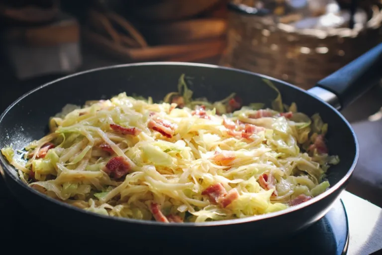 Plate of creamy cabbage carbonara topped with parmesan cheese and black pepper