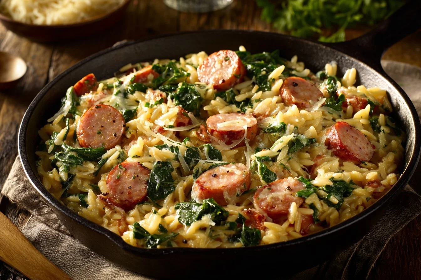 Creamy chicken sausage orzo dish served in a bowl
