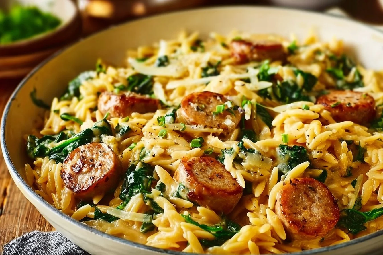 Creamy chicken sausage orzo dish in a skillet, perfect one-pan meal