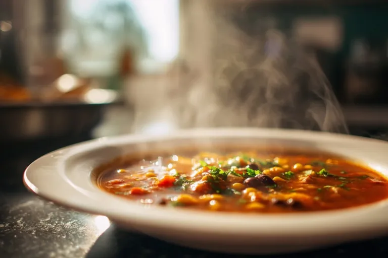 Bowl of creamy chicken tortilla soup topped with crispy tortilla strips and avocado.