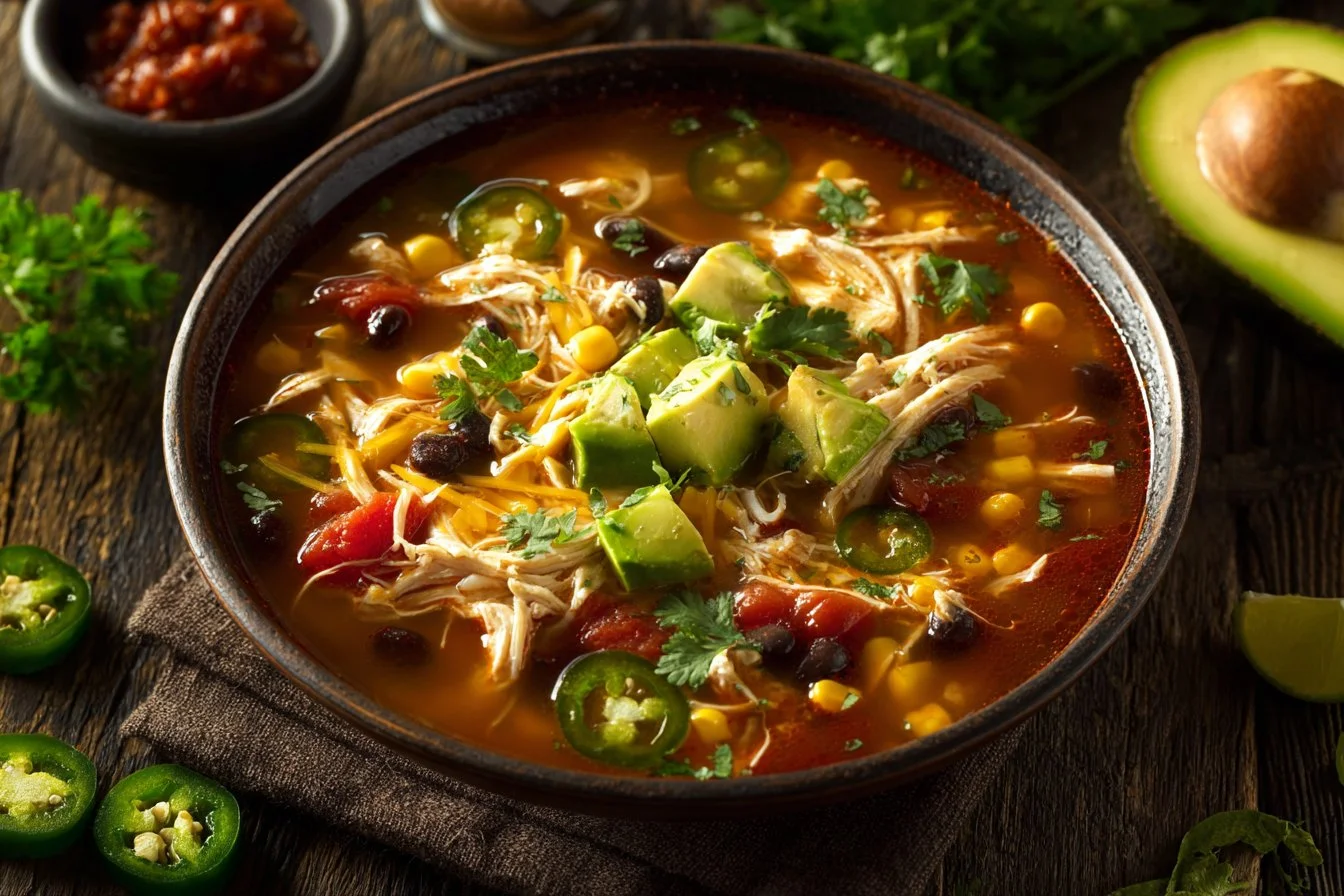 Creamy chicken tortilla soup topped with crispy tortilla strips and fresh cilantro