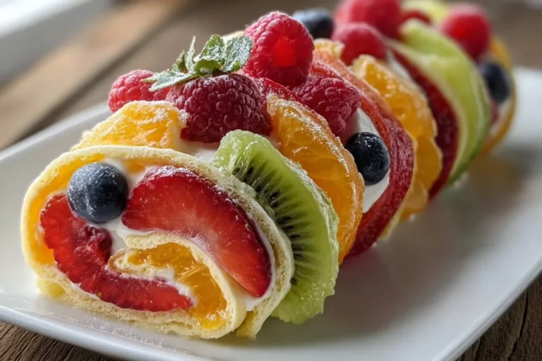 Creamy fruit salad rollups served on a plate with fresh fruits