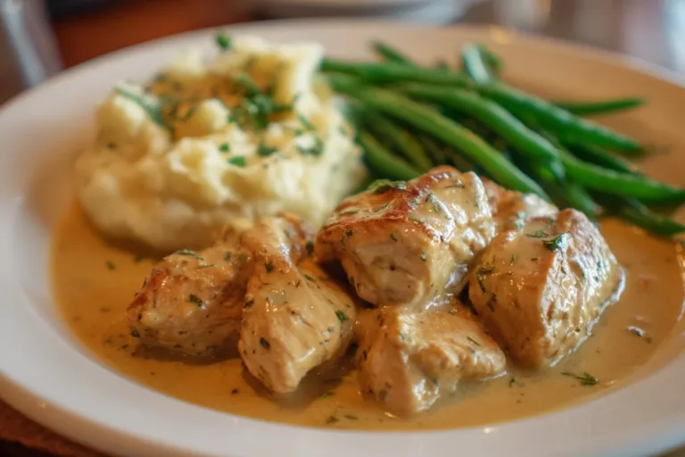 Plate of creamy garlic chicken with herbs and spices