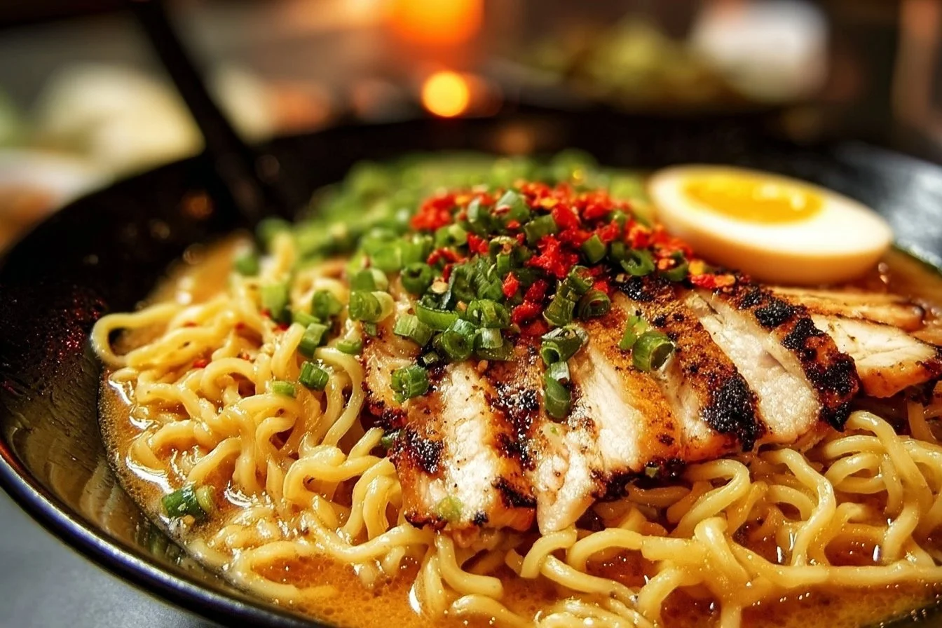 Bowl of creamy garlic chicken ramen with fresh ingredients and seasoning