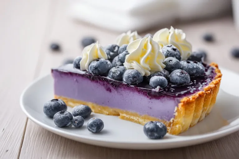 Slice of creamy lemon blueberry pie with fresh blueberries on top