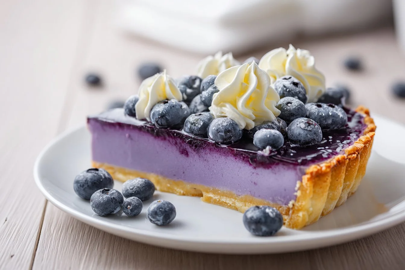 Slice of creamy lemon blueberry pie with fresh blueberries on top
