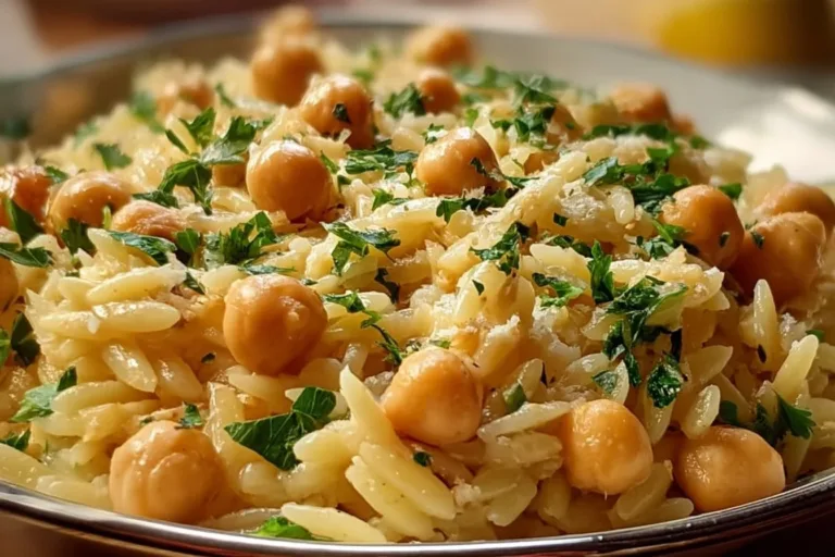 Creamy lemon ricotta orzo with chickpeas in a bowl garnished with herbs