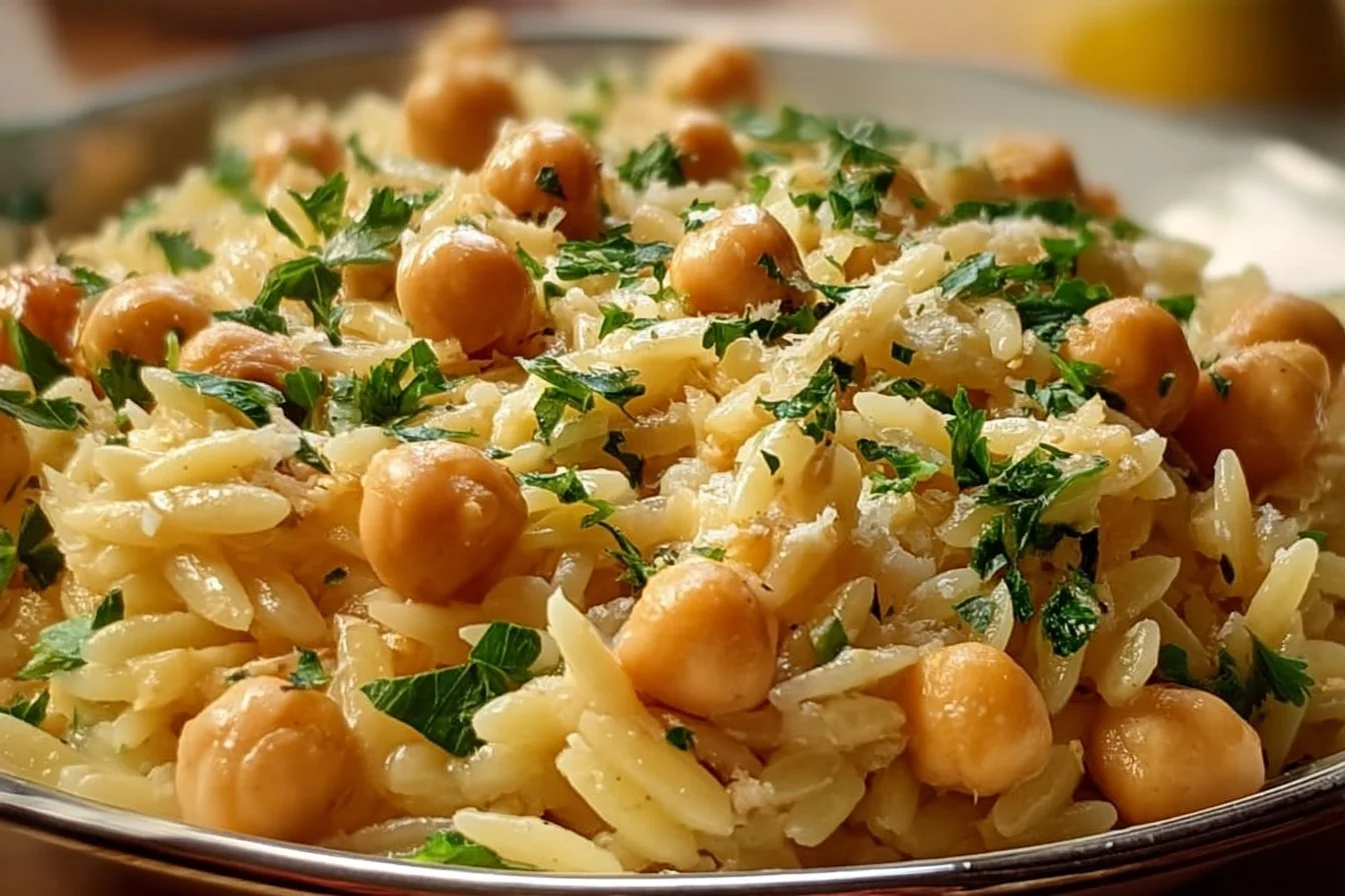 Creamy lemon ricotta orzo with chickpeas in a bowl garnished with herbs