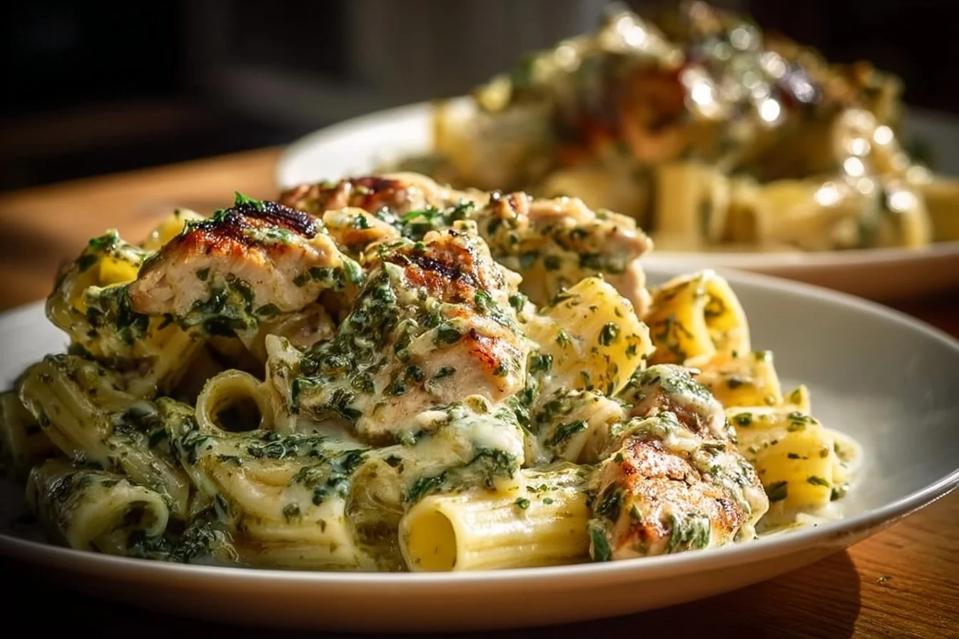Bowl of creamy pesto chicken pasta garnished with fresh basil and parmesan cheese
