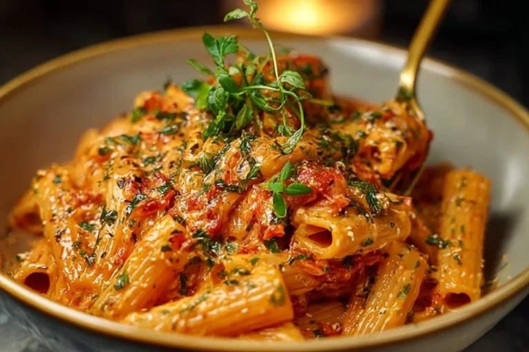 Creamy tomato garlic pasta dish topped with fresh herbs